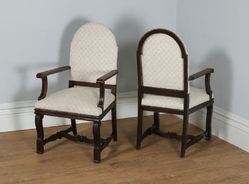 fig 3. Set of 8 Eight French Empire Oak & Walnut Upholstered High Back Kitchen Dining Chairs (Circa 1880)