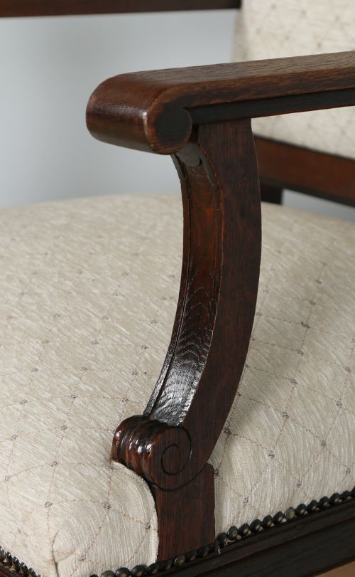 fig 6. Set of 8 Eight French Empire Oak & Walnut Upholstered High Back Kitchen Dining Chairs (Circa 1880)