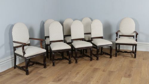 Set of 8 Eight French Empire Oak & Walnut Upholstered High Back Kitchen Dining Chairs (Circa 1880)