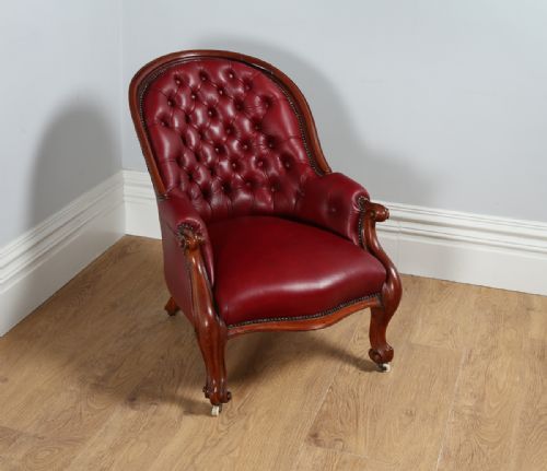 Victorian Mahogany Gentlemen’s Red Leather Reading Library Easy Open Chair / Armchair (Circa 1860)