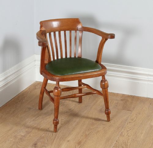 Victorian Oak & Green Leather Office Desk Library Captains Armchair Chair (Circa 1900)
