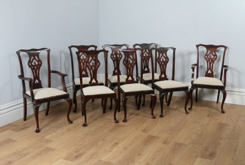 Set of 8 Eight Georgian Chippendale Style Mahogany Upholstered Kitchen Dining Chairs (Circa 1900)