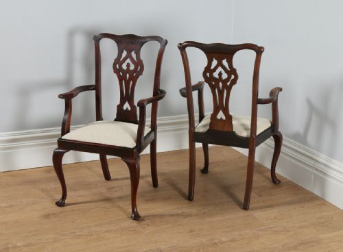 fig 3. Set of 8 Eight Georgian Chippendale Style Mahogany Upholstered Kitchen Dining Chairs (Circa 1900)