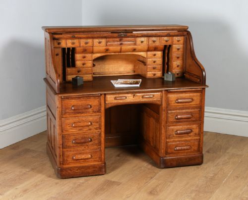 Victorian 4ft 8” Oak Roll Top Pedestal Office Writing Desk (Circa 1890)