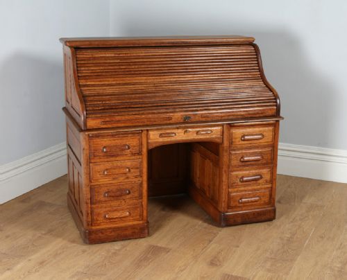 fig 1. Victorian 4ft 8” Oak Roll Top Pedestal Office Writing Desk (Circa 1890)