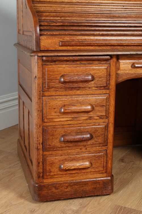 fig 2. Victorian 4ft 8” Oak Roll Top Pedestal Office Writing Desk (Circa 1890)