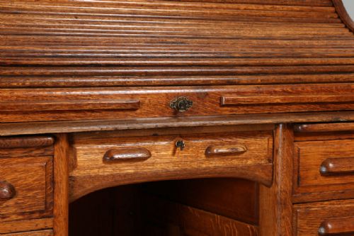 fig 3. Victorian 4ft 8” Oak Roll Top Pedestal Office Writing Desk (Circa 1890)