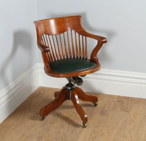 Victorian Oak Revolving Office Desk Library Captains Green Leather Chair (Circa 1890) by Alfred Allen Furnishing Expert of Hill St. And John Bright St. Of Birmingham