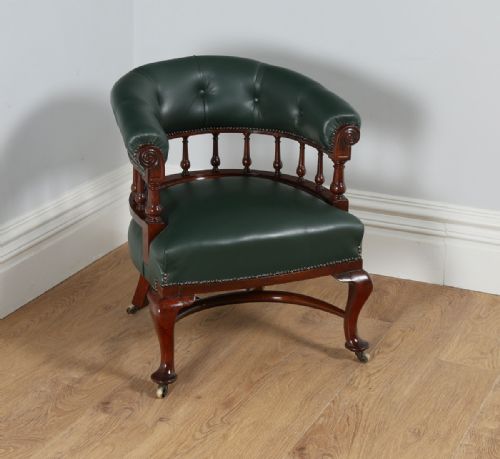 Victorian Mahogany Office Green Leather Desk Tub Library Captains Armchair / Chair (Circa 1890)