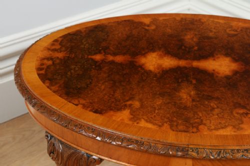 fig 2. Queen Anne Style Burr Walnut Circular Oval Round Centre Coffee Magazine Drinks Occasional Table (Circa 1920)