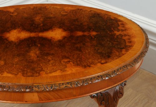 fig 3. Queen Anne Style Burr Walnut Circular Oval Round Centre Coffee Magazine Drinks Occasional Table (Circa 1920)