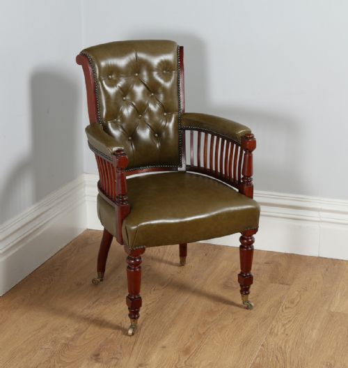 Victorian Mahogany Green Leather Office Desk Library Captains Arm Chair / Armchair (Circa 1880)