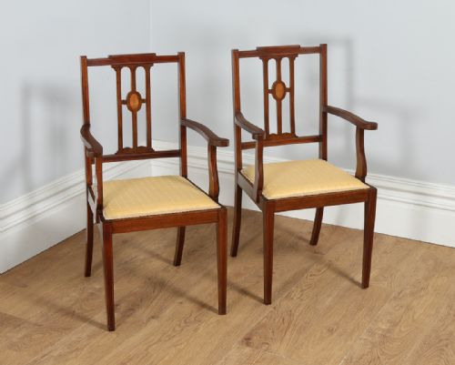 Pair / Two Edwardian Inlaid Mahogany Open Carver Salon Hall Desk Armchairs / Chairs (Circa 1900)