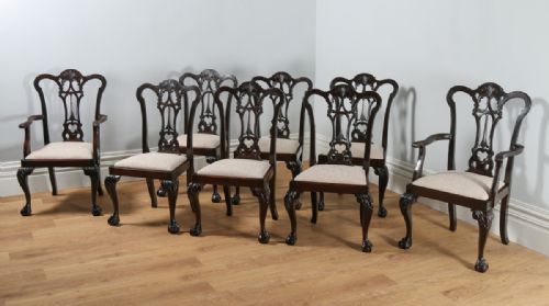 Set of 8 Eight Georgian Chippendale Style Victorian Carved Mahogany Dining Armchairs / Chairs (Circa 1880)