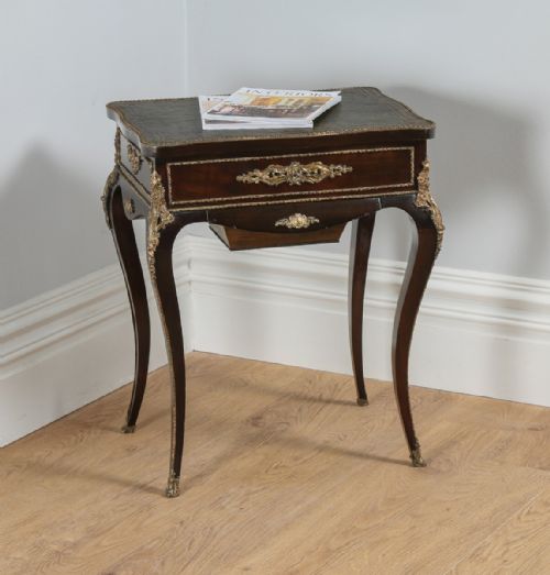 French Louis XVI Revival Mahogany Leather & Brass Ormolu Writing / Dressing / Sewing / Side Table / Desk / Bureau Plat by Alphonse Tahan (Circa 1870)