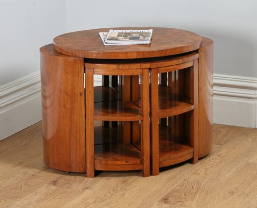 Art Deco Set of Five 5 Quintetto Burr Walnut Oval Shaped Nest of Coffee Side Wine Lamp Tables (Circa 1930)