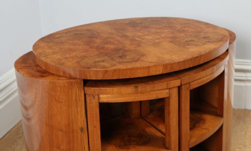 fig 2. Art Deco Set of Five 5 Quintetto Burr Walnut Oval Shaped Nest of Coffee Side Wine Lamp Tables (Circa 1930)