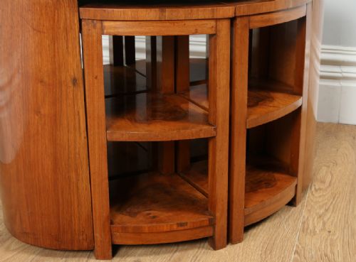 fig 5. Art Deco Set of Five 5 Quintetto Burr Walnut Oval Shaped Nest of Coffee Side Wine Lamp Tables (Circa 1930)