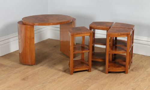 fig 6. Art Deco Set of Five 5 Quintetto Burr Walnut Oval Shaped Nest of Coffee Side Wine Lamp Tables (Circa 1930)