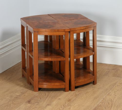 fig 7. Art Deco Set of Five 5 Quintetto Burr Walnut Oval Shaped Nest of Coffee Side Wine Lamp Tables (Circa 1930)