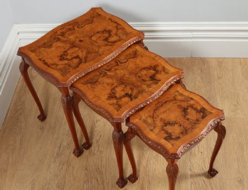 fig 1. Set of Three 3 Trio Queen Anne Style Burr Walnut Rectangular Nest of Coffee Side Wine Lamp Tables (Circa 1920)