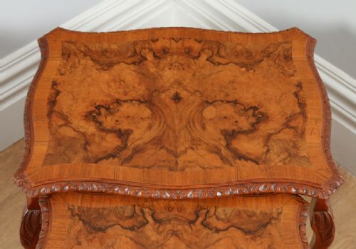 fig 2. Set of Three 3 Trio Queen Anne Style Burr Walnut Rectangular Nest of Coffee Side Wine Lamp Tables (Circa 1920)