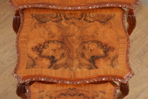 fig 3. Set of Three 3 Trio Queen Anne Style Burr Walnut Rectangular Nest of Coffee Side Wine Lamp Tables (Circa 1920)