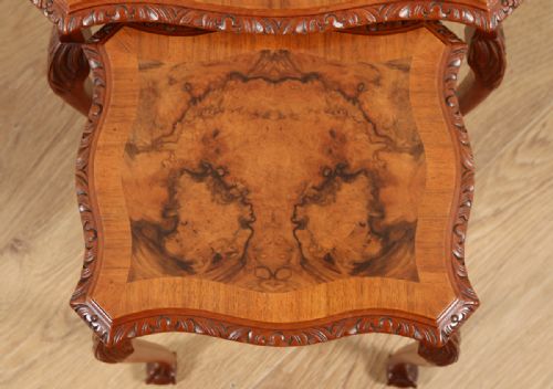 fig 4. Set of Three 3 Trio Queen Anne Style Burr Walnut Rectangular Nest of Coffee Side Wine Lamp Tables (Circa 1920)