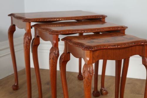 fig 5. Set of Three 3 Trio Queen Anne Style Burr Walnut Rectangular Nest of Coffee Side Wine Lamp Tables (Circa 1920)