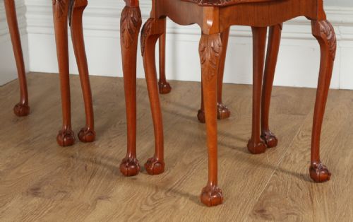 fig 6. Set of Three 3 Trio Queen Anne Style Burr Walnut Rectangular Nest of Coffee Side Wine Lamp Tables (Circa 1920)