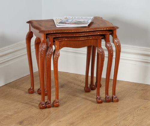 fig 8. Set of Three 3 Trio Queen Anne Style Burr Walnut Rectangular Nest of Coffee Side Wine Lamp Tables (Circa 1920)