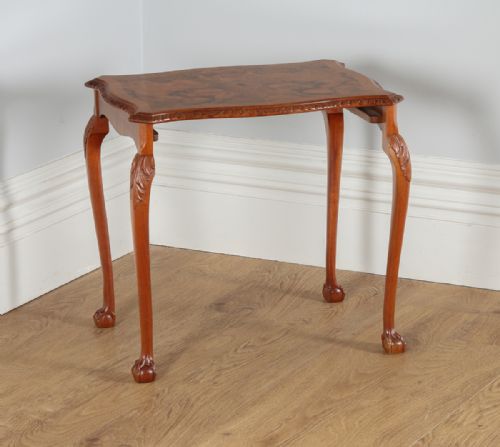 fig 9. Set of Three 3 Trio Queen Anne Style Burr Walnut Rectangular Nest of Coffee Side Wine Lamp Tables (Circa 1920)
