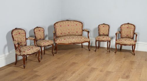French Louis XVI Revival Walnut Silk Damask Upholstered Five 5 Piece Couch Sofa Settee Armchair Chair Salon / Parlour / Bedroom Living Room / Conservatory Suite (Circa 1860)