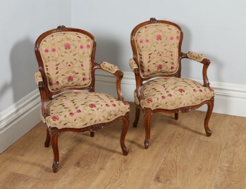 French Louis XVI Revival Walnut Pair of Open Salon / Parlour Armchairs (Circa 1860)