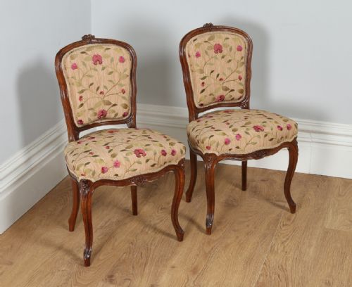 French Louis XVI Revival Walnut Silk Damask Upholstered Pair of Side Chairs (Circa 1860)