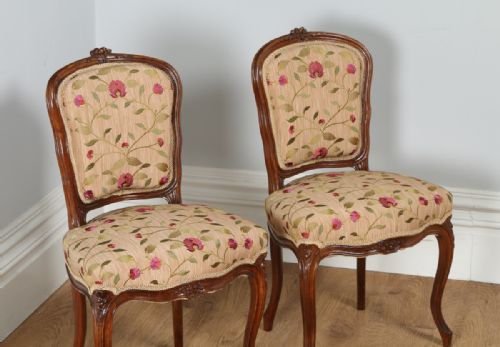 fig 1. French Louis XVI Revival Walnut Silk Damask Upholstered Pair of Side Chairs (Circa 1860)