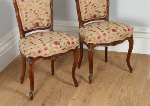 fig 2. French Louis XVI Revival Walnut Silk Damask Upholstered Pair of Side Chairs (Circa 1860)