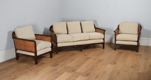 George V Three Piece Mahogany & Cane Bergere Couch Settee Sofa Lounge Suite by Staples & Co. (Circa 1920)