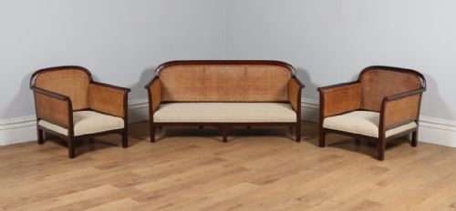 fig 9. George V Three Piece Mahogany & Cane Bergere Couch Settee Sofa Lounge Suite by Staples & Co. (Circa 1920)