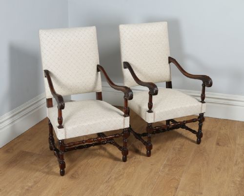 Pair of Two French Walnut Fauteuil Upholstered Carved Hall / Open / Library Armchairs / Chairs (Circa 1870)