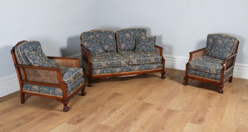George V Three Piece Mahogany & Cane Bergere Couch Settee Sofa Lounge Suite (Circa 1920)