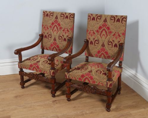 Antique Pair of French Walnut Fauteuil Upholstered Hall Arm Chairs / Armchairs (Circa 1870)
