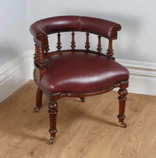 Antique Victorian Oak Burgundy Red Leather Captains Office Desk Armchair / Chair (Circa 1870)