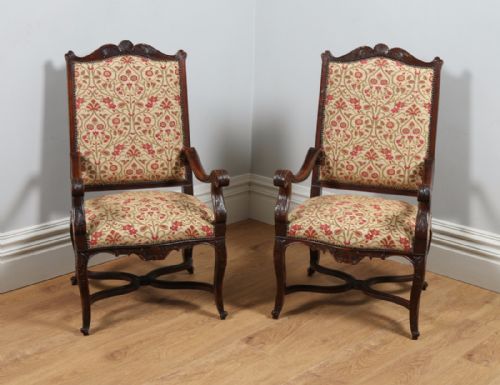 Pair of Two French Walnut Fauteuil Upholstered Tapestry Carved Armchairs / Chairs (Circa 1840)