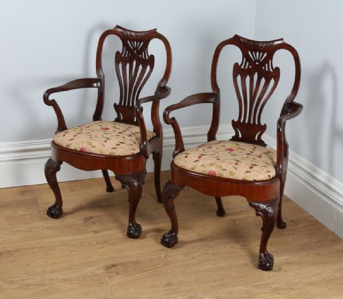 Pair of Victorian Queen Anne Style Walnut Library Desk Chairs / Armchairs  (Circa 1890)