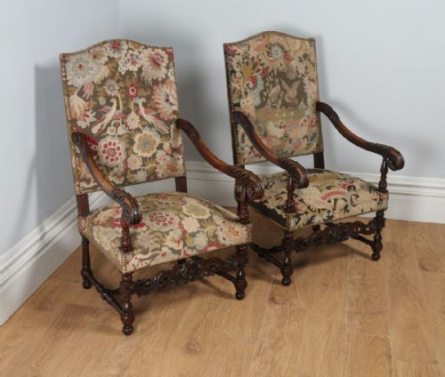 Pair of Two French Walnut Fauteuil Upholstered Carved Hall Open Elbow Library Armchairs / Chairs (Circa 1850)