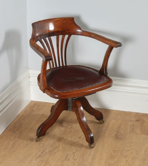 Antique Edwardian Oak & Burgundy Red Leather Revolving Office Desk Armchair / Chair (Circa 1900)