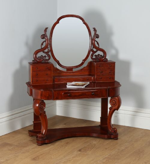 Antique English Figured Mahogany Victorian Duchess Dressing Makeup Table with Mirror (Circa 1870)