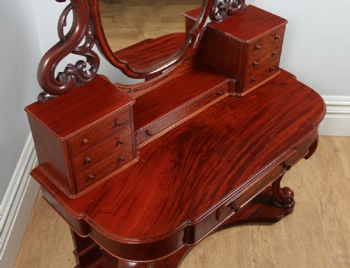 fig 1. Antique English Figured Mahogany Victorian Duchess Dressing Makeup Table With Mirror (Circa 1870)