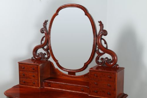 fig 2. Antique English Figured Mahogany Victorian Duchess Dressing Makeup Table With Mirror (Circa 1870)